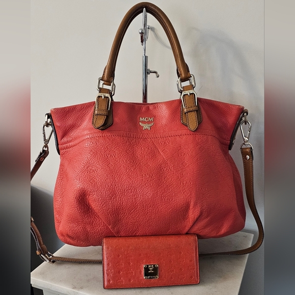 MCM Handbags - MCM Calf Leather Embossed Satchel Bag & Wallet